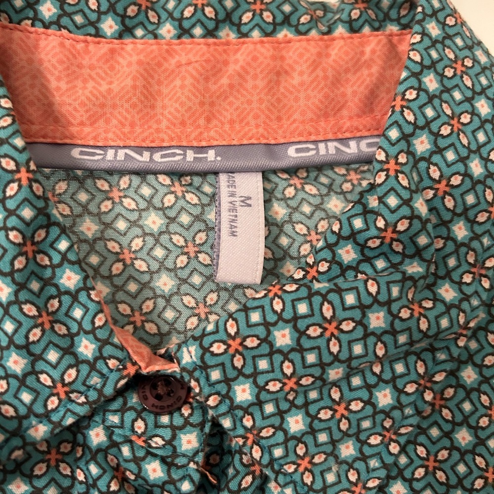 Cinch Turquoise and Peach Patterned Shirt